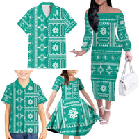 Fiji Masi All Teal Family Matching Off The Shoulder Long Sleeve Dress and Hawaiian Shirt Tapa Pattern - Polynesian Pride
