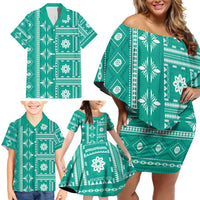 Fiji Masi All Teal Family Matching Off Shoulder Short Dress and Hawaiian Shirt Tapa Pattern - Polynesian Pride