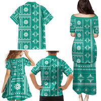 Fiji Masi All Teal Family Matching Puletasi and Hawaiian Shirt Tapa Pattern - Polynesian Pride