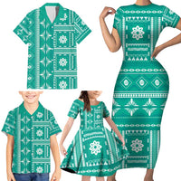 Fiji Masi All Teal Family Matching Short Sleeve Bodycon Dress and Hawaiian Shirt Tapa Pattern - Polynesian Pride