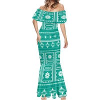 Fiji Masi All Teal Mermaid Dress Tapa Pattern - Polynesian Pride