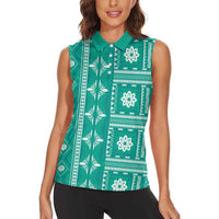 Fiji Masi All Teal Women Sleeveless Polo Shirt Tapa Pattern - Polynesian Pride