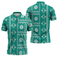 Fiji Masi All Teal Zipper Polo Shirt Tapa Pattern - Polynesian Pride