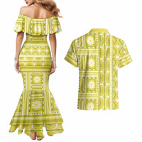 Fiji Masi All Yellow Couples Matching Mermaid Dress and Hawaiian Shirt Tapa Pattern - Polynesian Pride