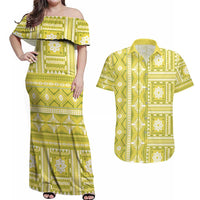 Fiji Masi All Yellow Couples Matching Off Shoulder Maxi Dress and Hawaiian Shirt Tapa Pattern - Polynesian Pride