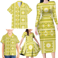Fiji Masi All Yellow Family Matching Long Sleeve Bodycon Dress and Hawaiian Shirt Tapa Pattern - Polynesian Pride