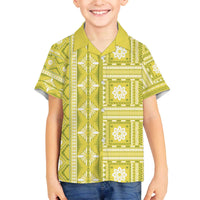 Fiji Masi All Yellow Family Matching Off The Shoulder Long Sleeve Dress and Hawaiian Shirt Tapa Pattern - Polynesian Pride