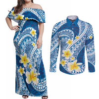 Plumeria Polynesian Blue Glitter Pattern Couples Matching Off Shoulder Maxi Dress and Long Sleeve Button Shirt LT01 Blue - Polynesian Pride