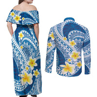 Plumeria Polynesian Blue Glitter Pattern Couples Matching Off Shoulder Maxi Dress and Long Sleeve Button Shirt LT01 - Polynesian Pride