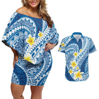 Plumeria Polynesian Blue Glitter Pattern Couples Matching Off Shoulder Short Dress and Hawaiian Shirt