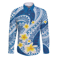 Plumeria Polynesian Blue Glitter Pattern Family Matching Off The Shoulder Long Sleeve Dress and Hawaiian Shirt