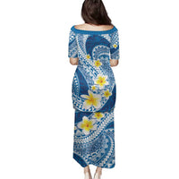 Plumeria Polynesian Blue Glitter Pattern Family Matching Puletasi and Hawaiian Shirt