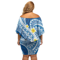Plumeria Polynesian Blue Glitter Pattern Off Shoulder Short Dress