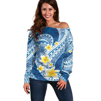 Plumeria Polynesian Blue Glitter Pattern Off Shoulder Sweater