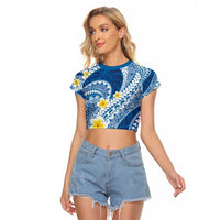 Plumeria Polynesian Blue Glitter Pattern Raglan Cropped T Shirt