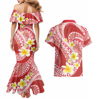 Plumeria Polynesian Coral Glitter Pattern Couples Matching Mermaid Dress and Hawaiian Shirt