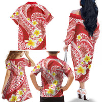 Plumeria Polynesian Coral Glitter Pattern Family Matching Off The Shoulder Long Sleeve Dress and Hawaiian Shirt