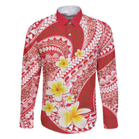 Plumeria Polynesian Coral Glitter Pattern Family Matching Off The Shoulder Long Sleeve Dress and Hawaiian Shirt