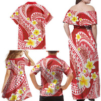 Plumeria Polynesian Coral Glitter Pattern Family Matching Off Shoulder Maxi Dress and Hawaiian Shirt
