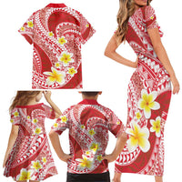 Plumeria Polynesian Coral Glitter Pattern Family Matching Short Sleeve Bodycon Dress and Hawaiian Shirt