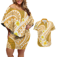 Plumeria Polynesian Gold Glitter Pattern Couples Matching Off Shoulder Short Dress and Hawaiian Shirt
