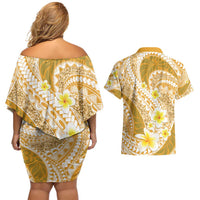 Plumeria Polynesian Gold Glitter Pattern Couples Matching Off Shoulder Short Dress and Hawaiian Shirt