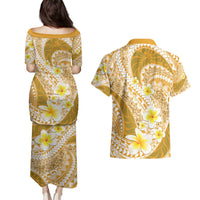Plumeria Polynesian Gold Glitter Pattern Couples Matching Puletasi and Hawaiian Shirt