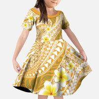Plumeria Polynesian Gold Glitter Pattern Family Matching Off The Shoulder Long Sleeve Dress and Hawaiian Shirt