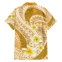 Plumeria Polynesian Gold Glitter Pattern Family Matching Off Shoulder Short Dress and Hawaiian Shirt