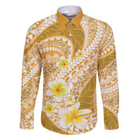 Plumeria Polynesian Gold Glitter Pattern Family Matching Short Sleeve Bodycon Dress and Hawaiian Shirt