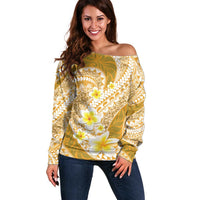 Plumeria Polynesian Gold Glitter Pattern Off Shoulder Sweater