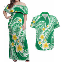 Plumeria Polynesian Green Glitter Pattern Couples Matching Off Shoulder Maxi Dress and Hawaiian Shirt