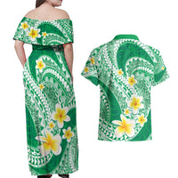 Plumeria Polynesian Green Glitter Pattern Couples Matching Off Shoulder Maxi Dress and Hawaiian Shirt