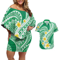 Plumeria Polynesian Green Glitter Pattern Couples Matching Off Shoulder Short Dress and Hawaiian Shirt