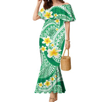 Plumeria Polynesian Green Glitter Pattern Family Matching Mermaid Dress and Hawaiian Shirt