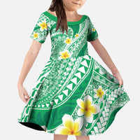 Plumeria Polynesian Green Glitter Pattern Family Matching Off The Shoulder Long Sleeve Dress and Hawaiian Shirt