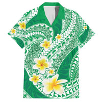 Plumeria Polynesian Green Glitter Pattern Family Matching Off Shoulder Maxi Dress and Hawaiian Shirt