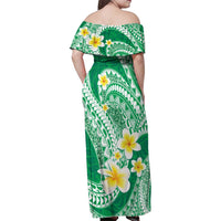 Plumeria Polynesian Green Glitter Pattern Family Matching Off Shoulder Maxi Dress and Hawaiian Shirt