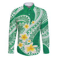 Plumeria Polynesian Green Glitter Pattern Family Matching Tank Maxi Dress and Hawaiian Shirt LT01 Dad's Shirt - Long Sleeve Green - Polynesian Pride