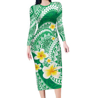 Plumeria Polynesian Green Glitter Pattern Long Sleeve Bodycon Dress