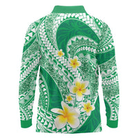 Plumeria Polynesian Green Glitter Pattern Long Sleeve Polo Shirt