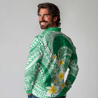 Plumeria Polynesian Green Glitter Pattern Long Sleeve Polo Shirt