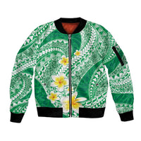 Plumeria Polynesian Green Glitter Pattern Sleeve Zip Bomber Jacket
