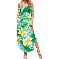 Plumeria Polynesian Green Glitter Pattern Summer Maxi Dress