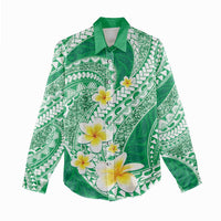 Plumeria Polynesian Green Glitter Pattern Women Casual Shirt
