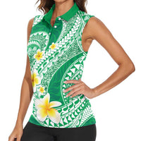 Plumeria Polynesian Green Glitter Pattern Women Sleeveless Polo Shirt