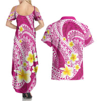 Plumeria Polynesian Pink Glitter Pattern Couples Matching Summer Maxi Dress and Hawaiian Shirt