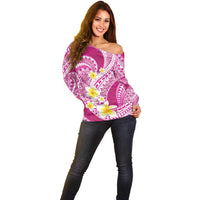Plumeria Polynesian Pink Glitter Pattern Off Shoulder Sweater