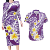 Plumeria Polynesian Purple Glitter Pattern Couples Matching Long Sleeve Bodycon Dress and Hawaiian Shirt