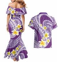 Plumeria Polynesian Purple Glitter Pattern Couples Matching Mermaid Dress and Hawaiian Shirt